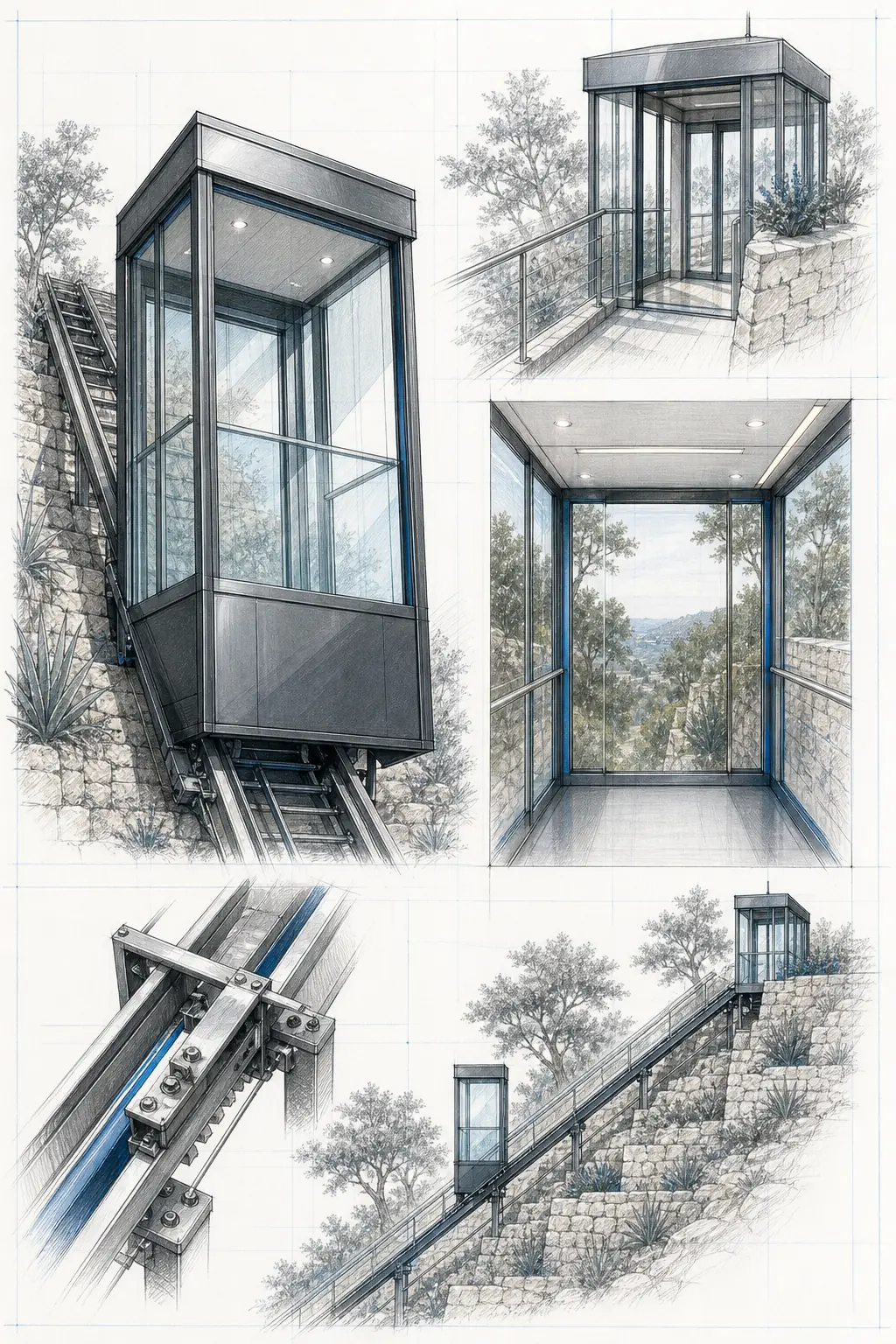 Proportion and detail study for an inclined-lift cabin
