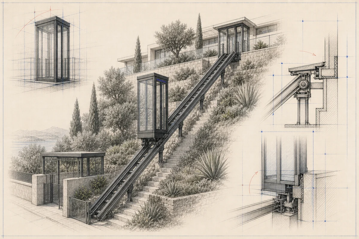 Engineering sketch of an inclined lift on sloping ground