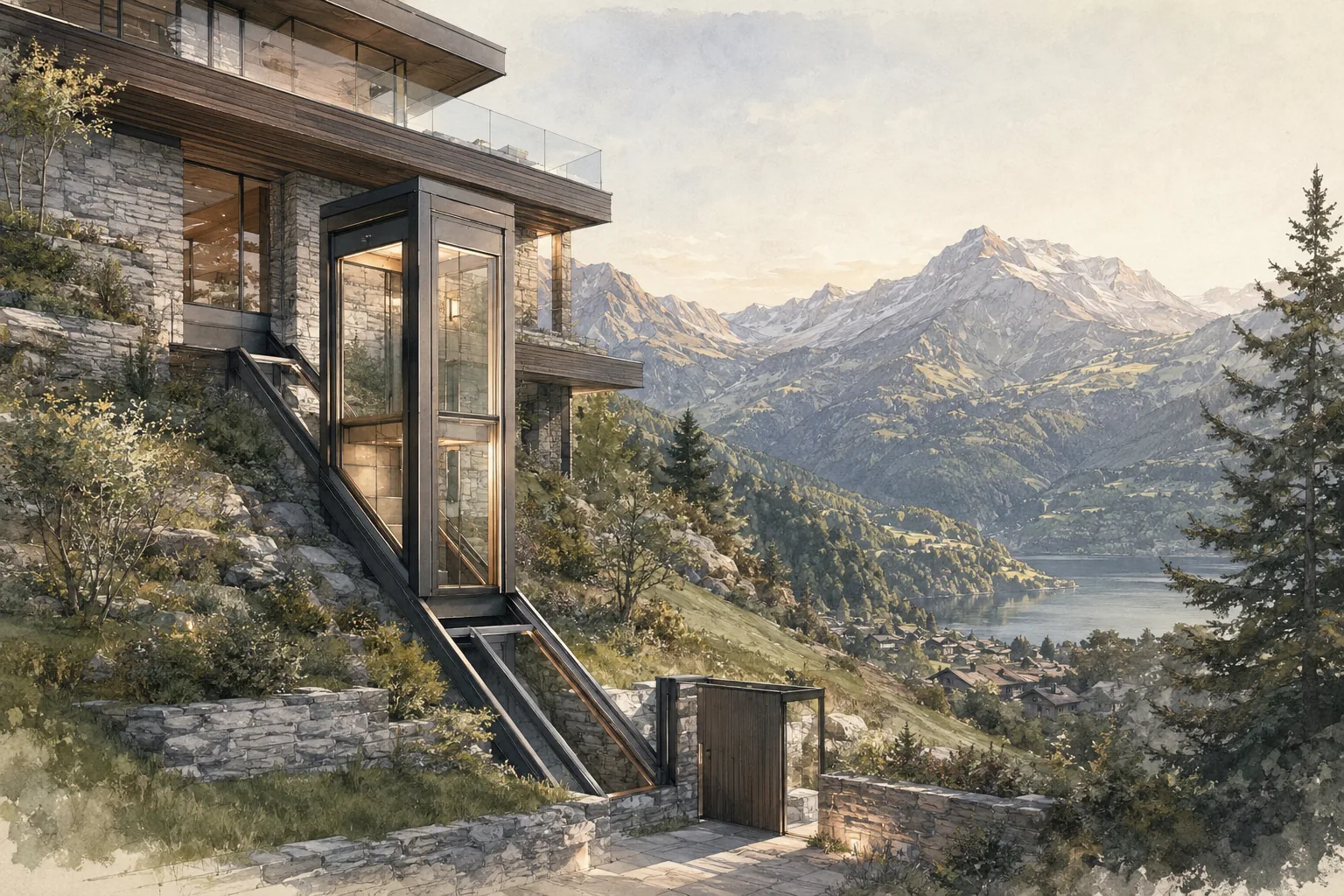 Ascenseur incliné vitré intégré à une propriété contemporaine face à un paysage alpin