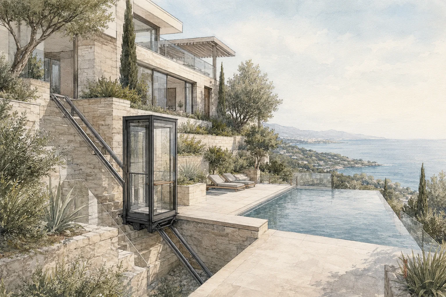 Private funicular connecting a villa and swimming pool on the French Riviera