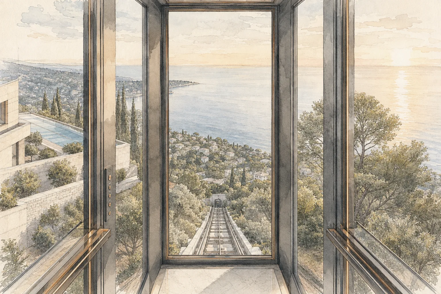 Vue sur la Méditerranée depuis l’intérieur vitré d’un ascenseur incliné privé