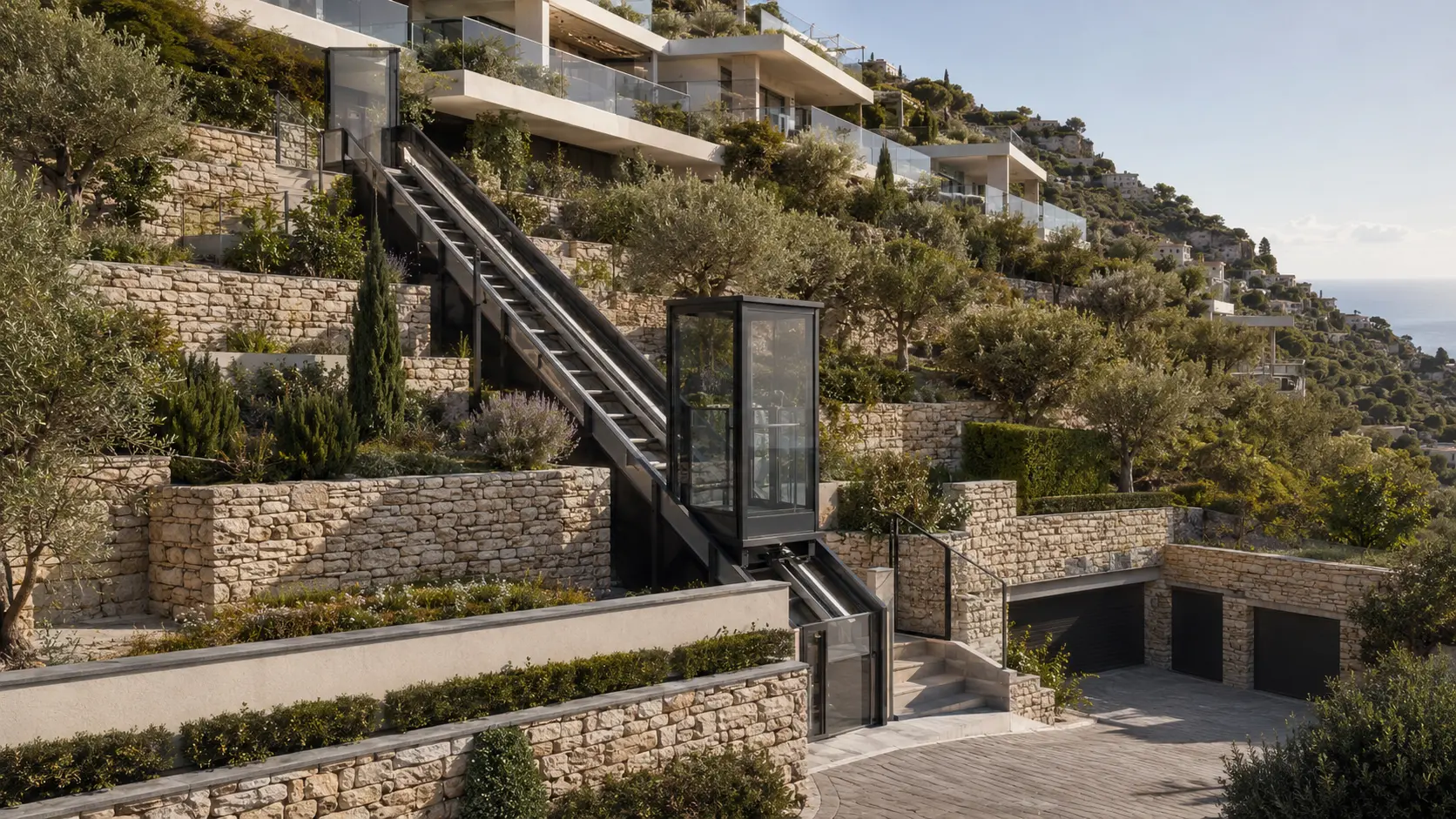 Visualisation architecturale d’un ascenseur incliné desservant les niveaux d’une copropriété en pente