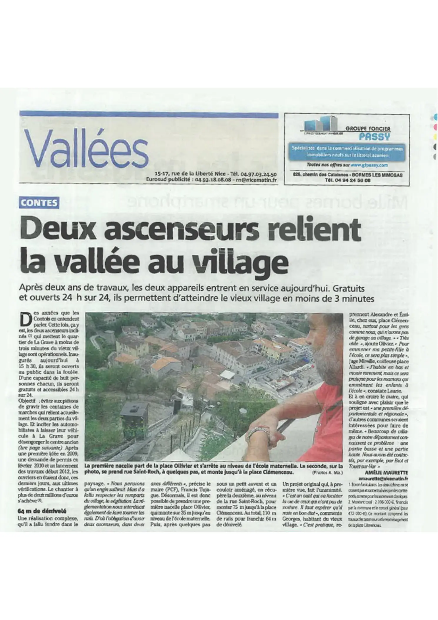 Coupure Nice-Matin titrée Deux ascenseurs relient la vallée au village