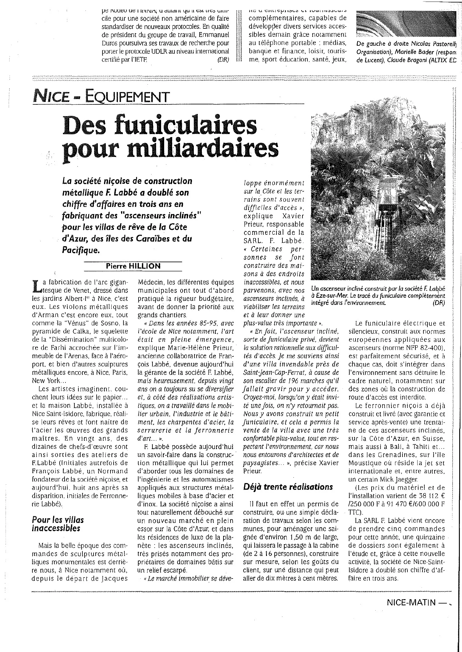 Article Nice-Matin Des funiculaires pour milliardaires consacré à F. Labbé