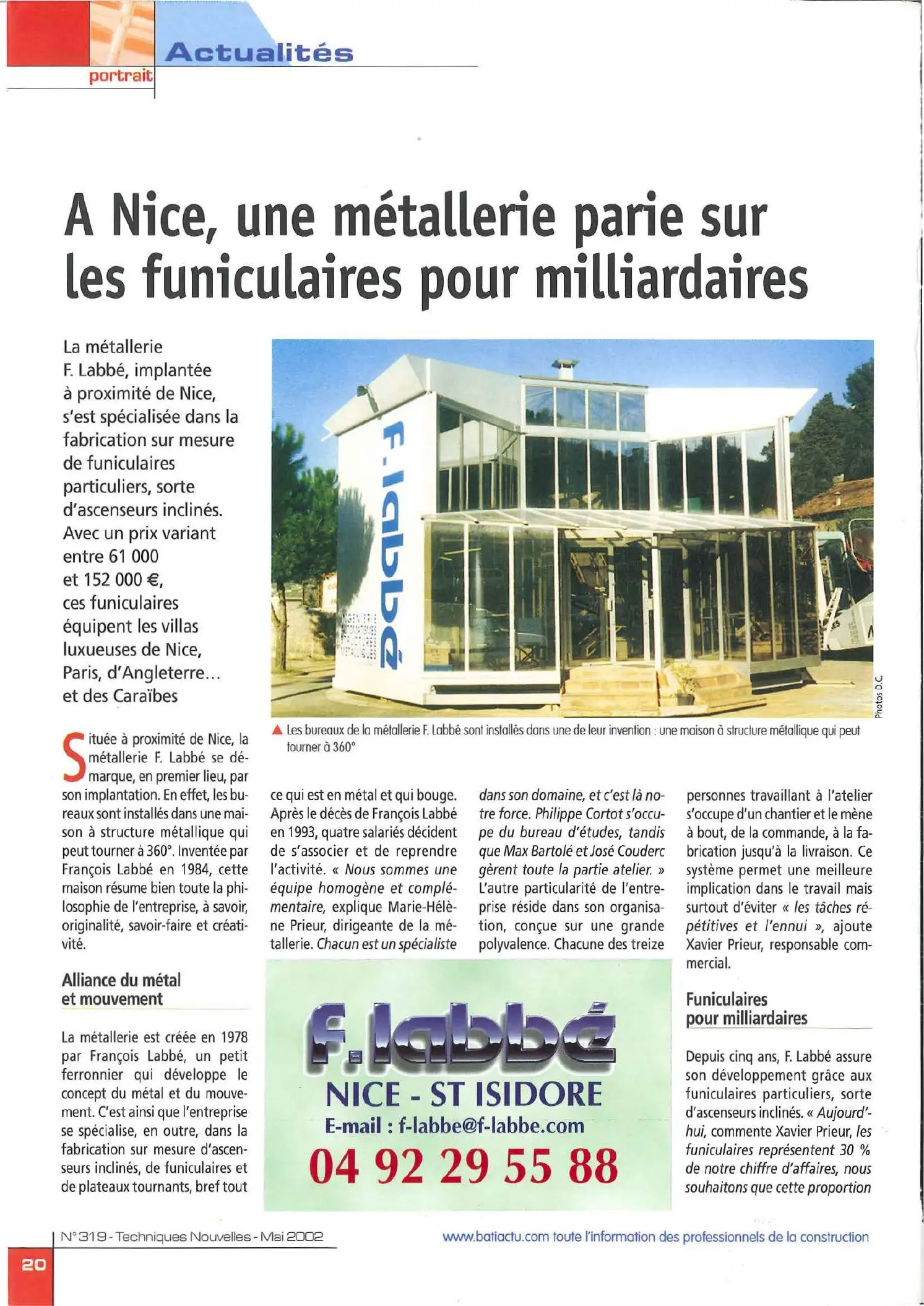 Première page du portrait Techniques Nouvelles consacré aux funiculaires F. Labbé