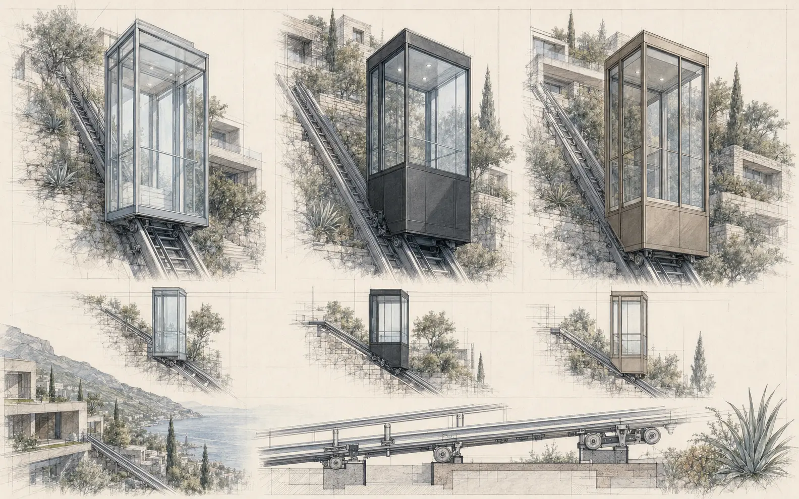 Étude de trois variantes contemporaines de cabine d’ascenseur incliné