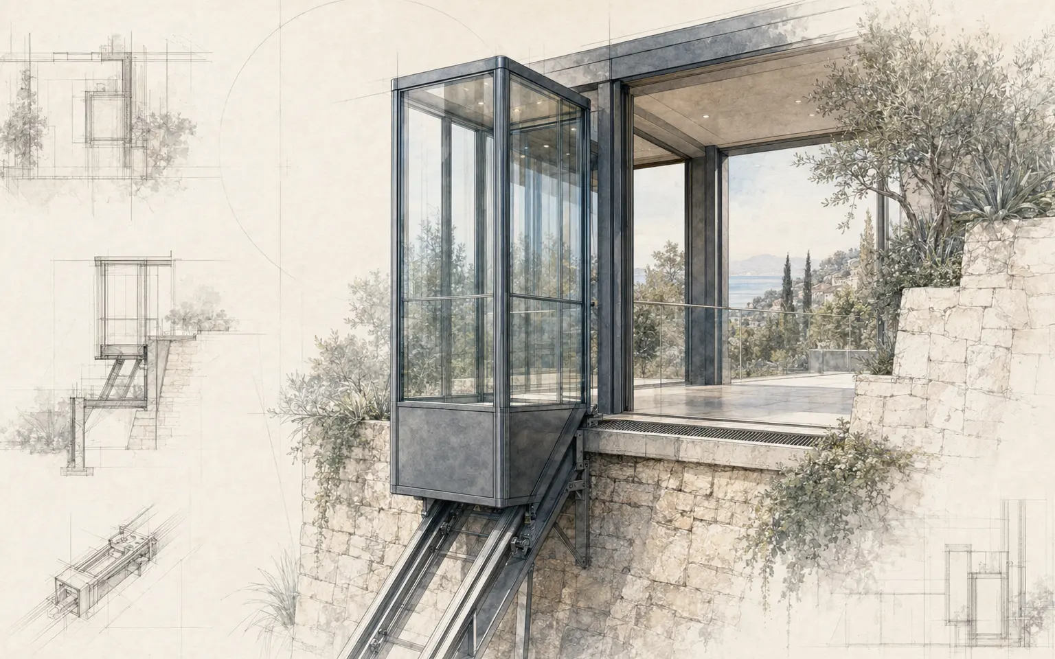 Cabine d’ascenseur incliné au seuil d’une station vitrée intégrée à une terrasse