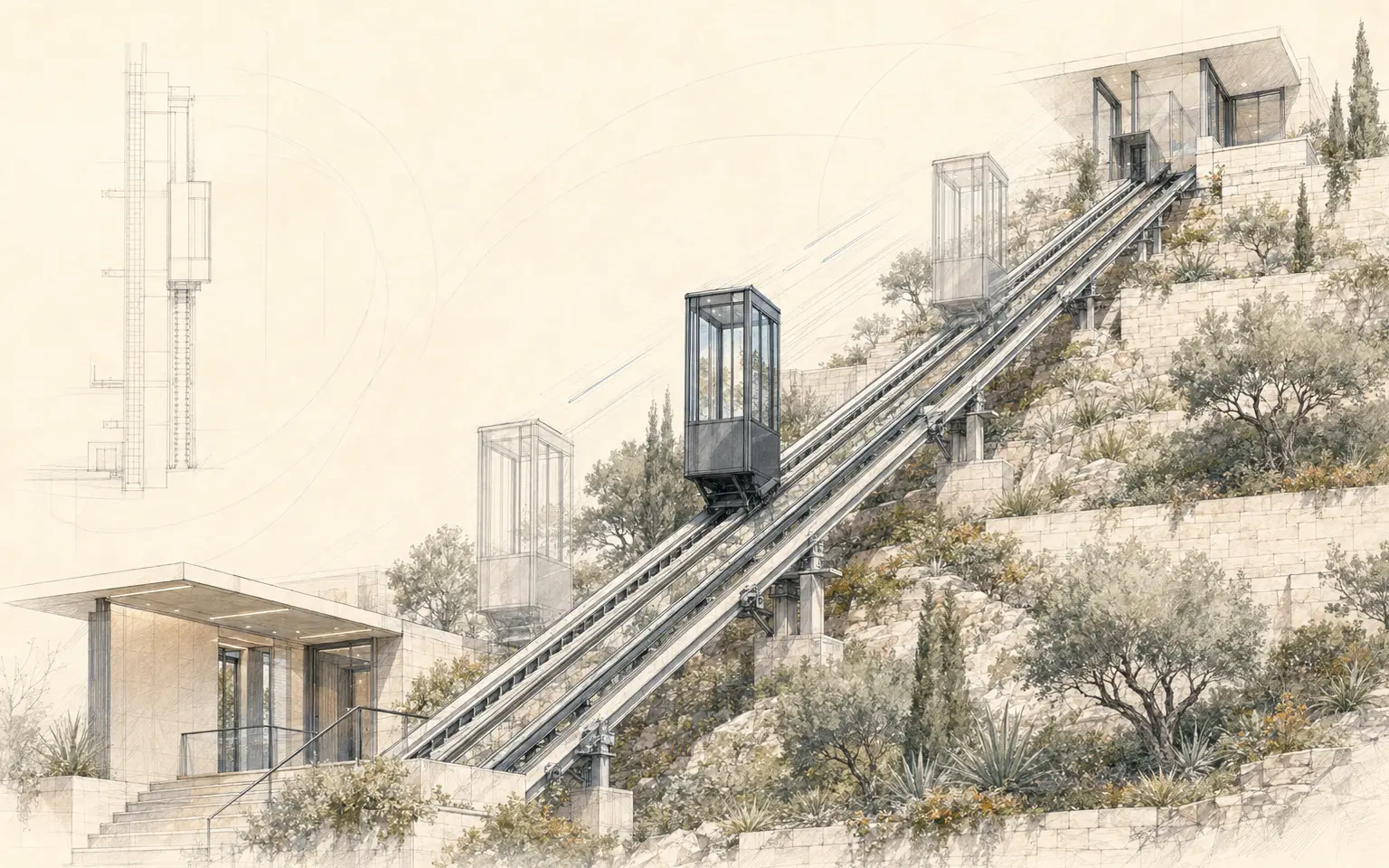 Cabine vitrée représentée à plusieurs positions sur un parcours incliné